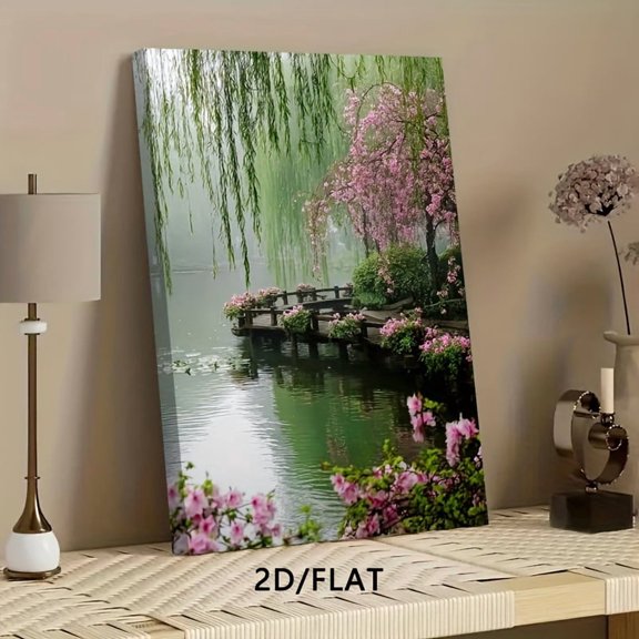 A High-Definition 2D Print Featuring a Beautiful Spring Lake Scene with Willow Trees And Blooming Flowers, Available As a Framed Canvas Print Or Poster.Perfect for Home Decor,Wall Art,Room Decoration