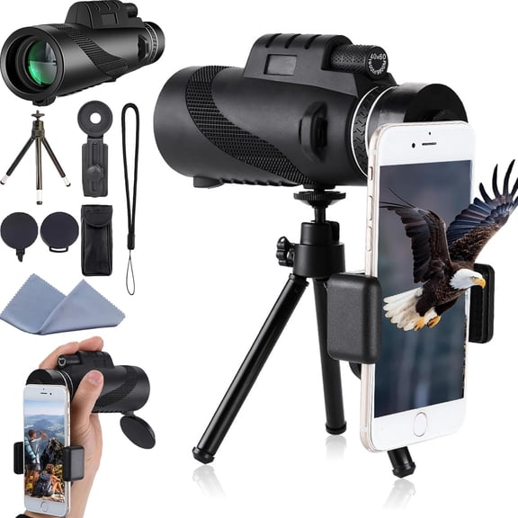 High Definition Monocular Telescope with Smartphone Adapter & Tripod, Portable Handheld Spotting Scope for Bird Watching, Concerts, Camping & Travel