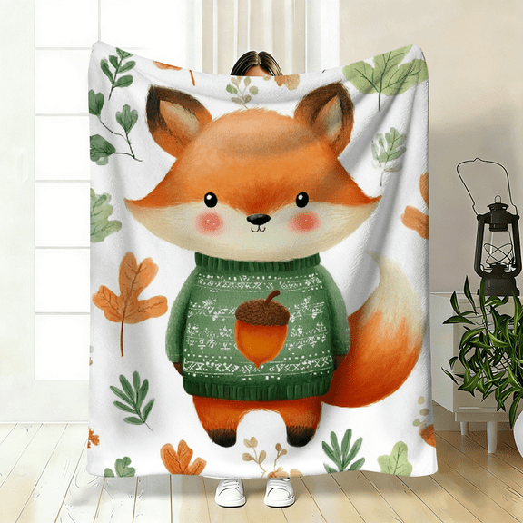 High-Definition Printed Blanket Featuring a Fox in a Green Sweater. This Cozy And Warm Flannel Blanket Is Perfect for Travel, Camping, Or Use on a Sofa, in The Living Room.
