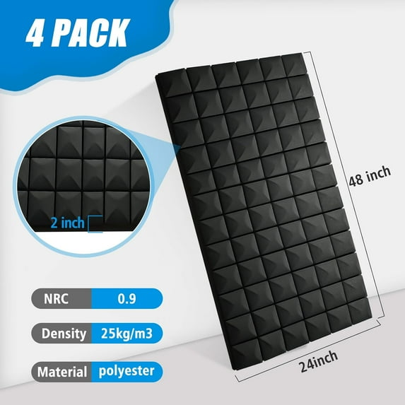 High Density Acoustic Foam Panels 4 Pack 48x24x2 - Soundproof Wall Panels for Studio, Home Theater & Office