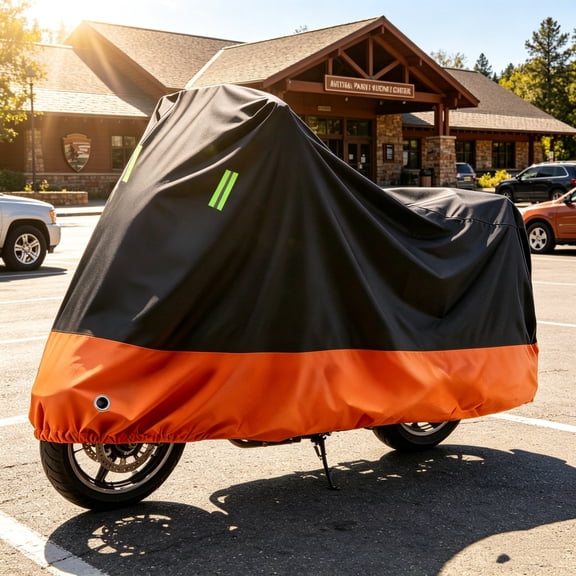 High Density Aluminum Foil Motorcycle Cover, Heat Insulation and Sun Blocking Layer, Full Waterproof Dustproof Surface, All Weather Protective Casing for Indoor Outdoor Motorbike Care, Orange-S
