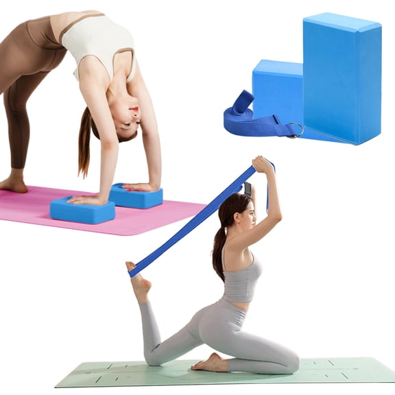 High Density EVA Yoga Blocks Set of 2 with Stretch Strap, Foam Fitness Bricks, Non-Slip Exercise Support for Yoga, Pilates, Home Training