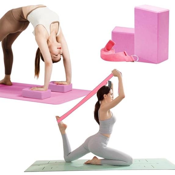 High Density EVA Yoga Blocks Set of 2 with Stretch Strap, Foam Fitness Bricks, Non-Slip Exercise Support for Yoga, Pilates, Home Training