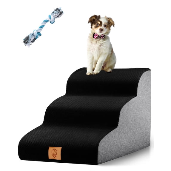 High Density Foam Dog Stairs 3 Tiers, Extra Wide Deep Dog Steps, Non-Slip Dog Ramp, Soft Foam Pet Steps, Best for Dogs Injured,Older Cats,Pets with Joint Pain, with 1 Dog Rope Toy (Black)