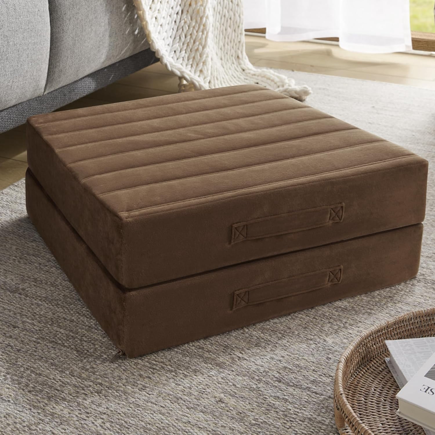High Density Foam Floor Pillow 2 Sets, 5" Thick Large Meditation Cushions Seating for Adults and Yoga Sitting, Washable Thick Couch Cushion with Soft Tufted Covers - 22 inch Coffee
