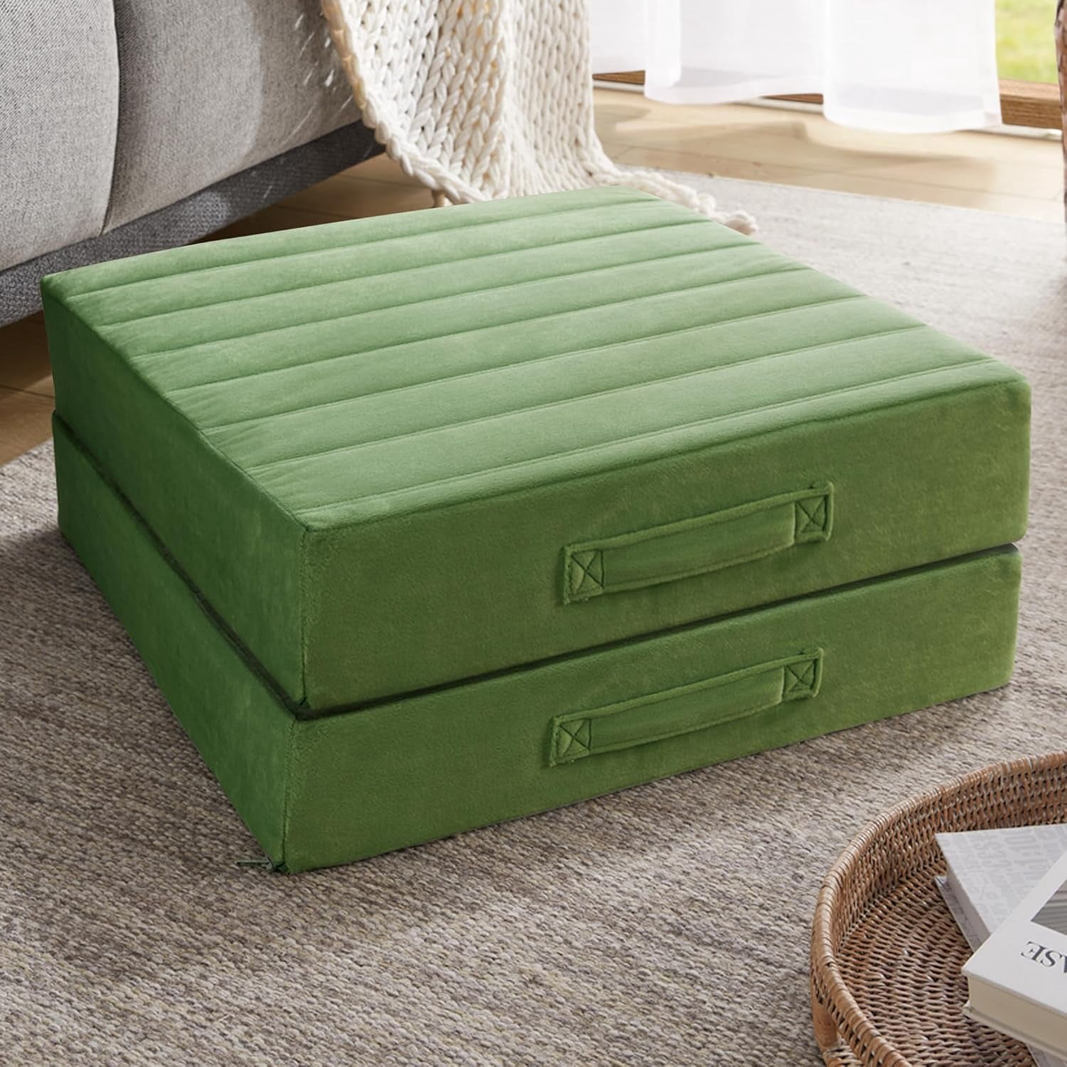 High Density Foam Floor Pillow 2 Sets, Large Meditation Cushions Seating for Adults and Yoga Sitting, Washable Thick Couch Cushion with Soft Tufted Covers - 22 * 22 * 5inch Green
