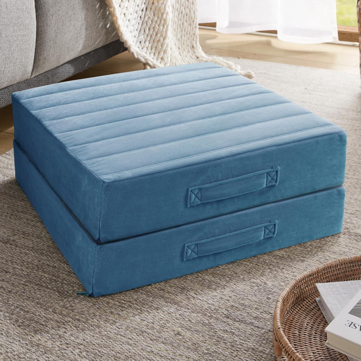 High Density Foam Floor Pillow 2 Sets, Large Meditation Cushions Seating for Adults and Yoga Sitting, Washable Thick Couch Cushion with Soft Tufted Covers - 22 inch Blue