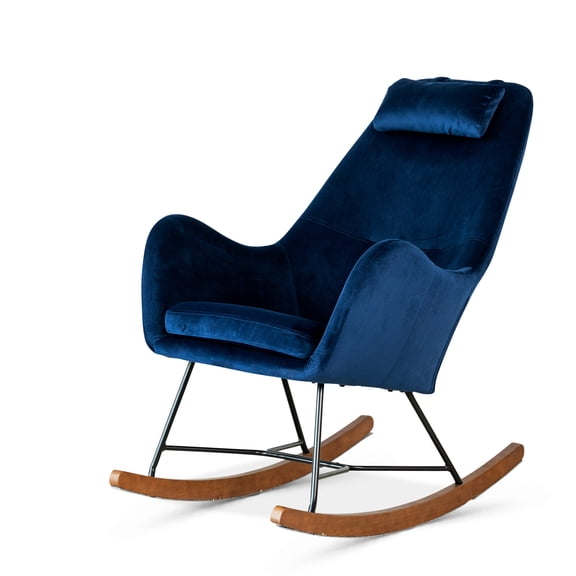 High Density Foam Mid-century Rocking Chair, Blue Velvet Cover Modern Velvet, Superior Comfort