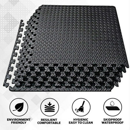 High Density Interlocking Exercise Mat, Thick EVA Foam Exercise Gym Flooring Mat, Black, 12Pcs