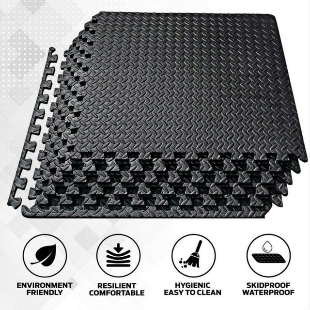 High Density Interlocking Exercise Mat, Thick EVA Foam Exercise Gym Flooring Mat, Black, 12Pcs