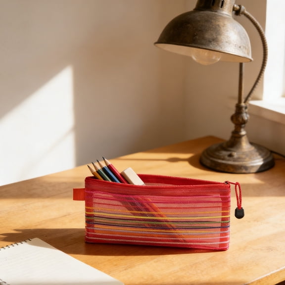 High Density Mesh Fabric, 8.93 Inch Macaron Stripe Pencil Case, Semi-Transparent Rainbow Zipper Pouch, Portable Slim Profile Organizer for Teens