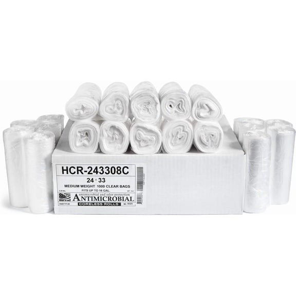 High Density Trash Bags, 16 Gallon, 1000 Count, 8 Micron (eq), 24" x 33", Clear, for Bathroom, Office, Industrial, Commercial, Janitorial, Municipal, Recycling
