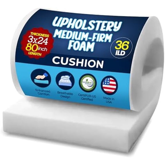 High Density Upholstery Foam Cushion, 3"H x 24"W x 80"L (Medium Firm) Density: 1.8lbs, compression 36 ILD, Upholstery Foam High Density, CertiPUR-US Certified Foam, Made in USA$$Art & Craft