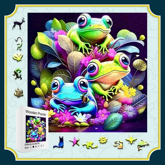 High-Difficulty Adorable Frog Wooden Puzzle - Solid Wood Storage Box Set 3D Froggy Scene Design, Premium Birthday Gift for Adults & Families, Brain Training Stress-Relief Puzzle Game