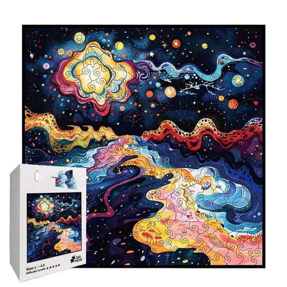 High Difficulty Cosmic Galaxy Wooden Puzzle, 3.6mm Thick Irregular Artistic Jigsaw Puzzle, 9.58×11.7 Inch, 250Pcs Stress-relieving Decorative Art Puzzle