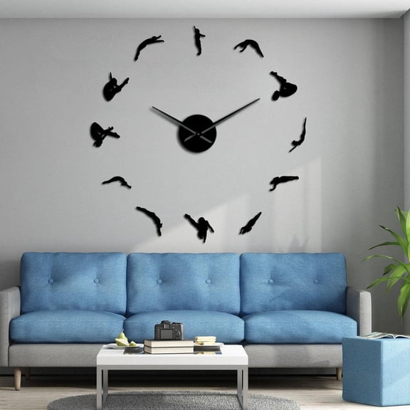 High Dive Sports Wall Art Home Decor Clocks Watch Divers Diving Silhouette DIY Stickers Frameless Large Wall Clock Divers Gift(Black,27inch)