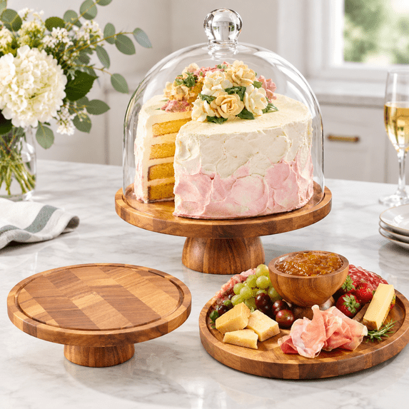 High Dome Wood Cake Stand With Lid, 12 Inch Round Tall Cloche for ...