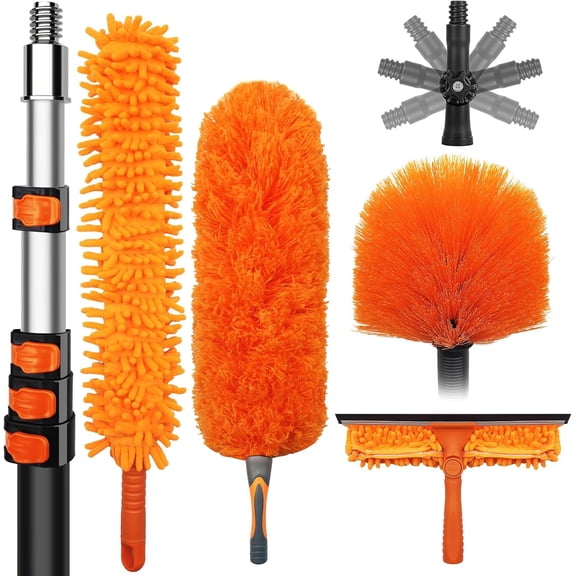 High Dusters Kit for Cleaning with  Foot Heavy Duty Extension Pole, Extendable Reusable Cobweb, Feather, Ceiling Fan Cleaner Duster, Window Squeegee Kit