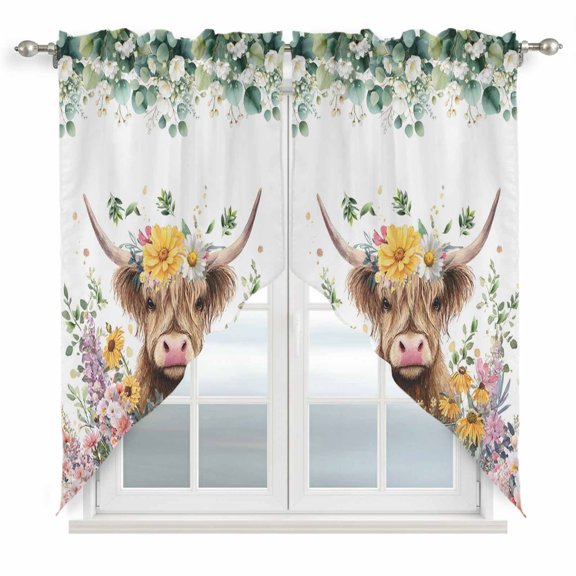 High Earth Cow Swag Curtain Valance for Window 2 Panels Watercolor Green Eucalyptus Leaf Pink Yellow Flower Rod Pocket Small Window Swag Valances for Kitchen Bedroom Bathroom 36" W x 36" L