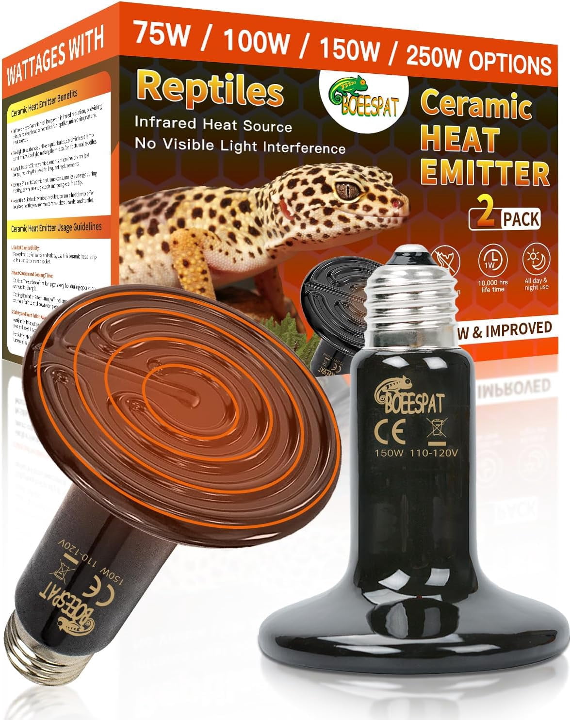 High Efficiency 150W Reptile Heat Lamp Bulbs, Pack of 2 Ceramic Heat ...