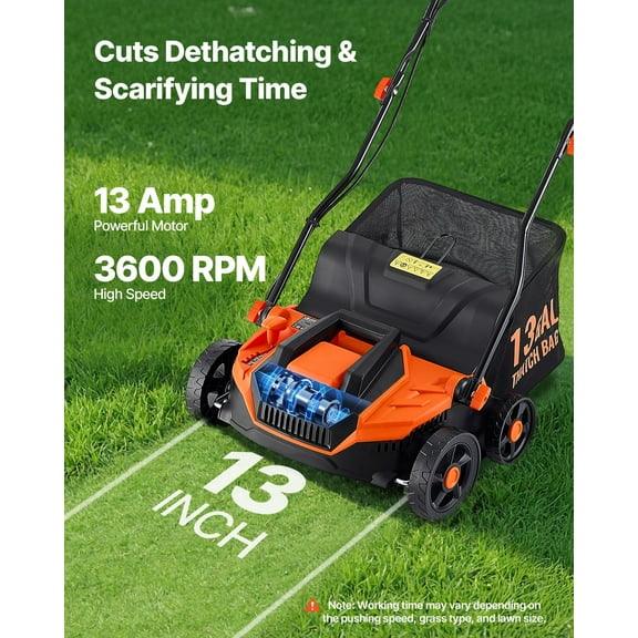 High-Efficiency 2-in-1 Electric Dethatcher and Aerator, 13-Inch Working Width, 13 Amp Motor, with Large-Capacity Collection Bag, 5-Position Depth Control, Corded Walk-Behind Lawn Machine