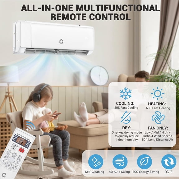 High Efficiency 9000 BTU Ductless Mini Split Air Conditioner & Heat Pump - 20 SEER2 Inverter, Quiet Operation, WiFi & Alexa Compatible, Dehumidifier, Remote, DIY Installation Kit - Cools & Heats up
