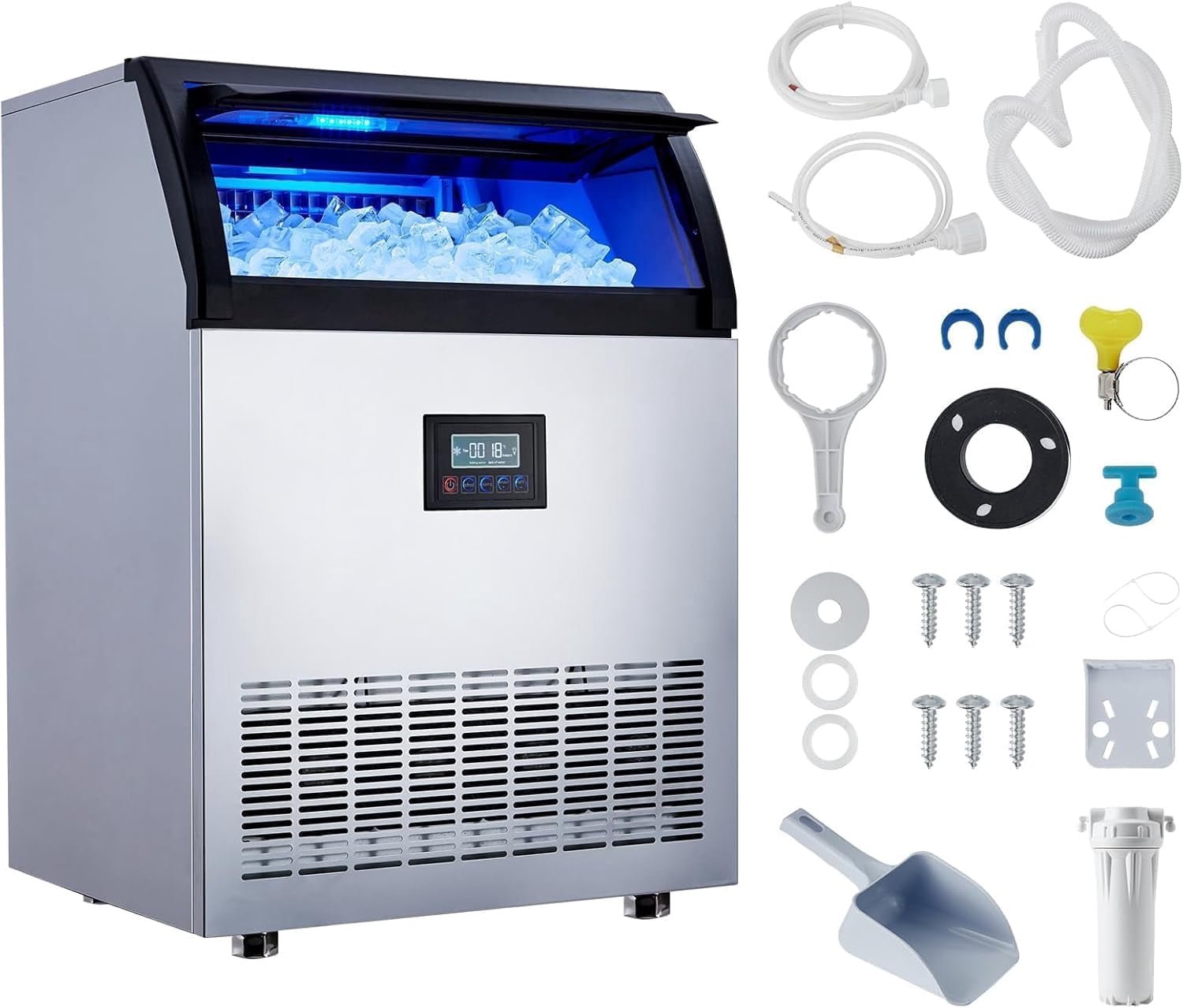 High-Efficiency Commercial Ice Machine – 200 lbs/24h Production, 55 lbs Storage, 126 Cubes/12 Min, LED Panel, Built-in Filter, for Home, Office, Bar, Parties