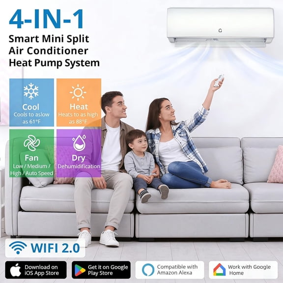 High-Efficiency Mini Split Air Conditioner & Heater - 11500-12000 BTU, 17-24 SEER2, Ductless Inverter, Wall-Mounted,WiFi Control,Pre-Charged Condenser,Full Installation Kit, 208/230V, Up to 750 Sq.Ft