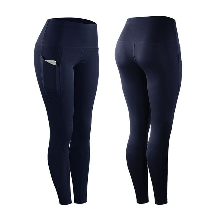 High Elastic Leggings Pant Women Solid Stretch Compression Sportswear  Casual Yoga Jogging Leggings Pants With Pocket Dark Blue XL