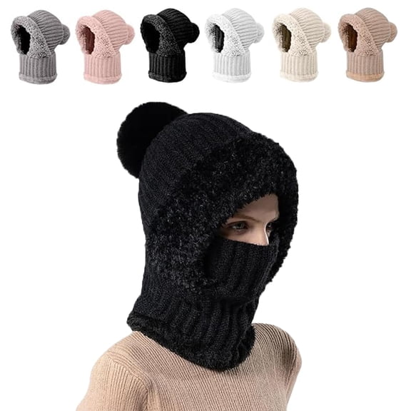 High Elastic Solid Color Knitted Hat Scarf Mask One-Piece, 3 in 1 Beanie Hat with Scarf and Mask, 3 in 1 Beanie Hats for Women (Black)