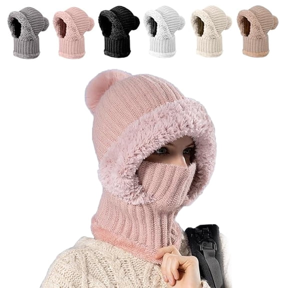 High Elastic Solid Color Knitted Hat Scarf Mask One-Piece, 3 in 1 Beanie Hat with Scarf and Mask, 3 in 1 Beanie Hats for Women (Pink)