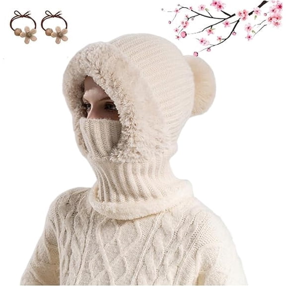High Elastic Solid Color Knitted Hat Scarf Mask One-Piece, 4 in 1 Cold Resistant Hat for Women, Windproof Balaclava Hats(Beige)