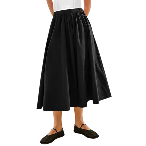 High Elastic Waist Women Solid Color Long Swing Skirt with Pocket
