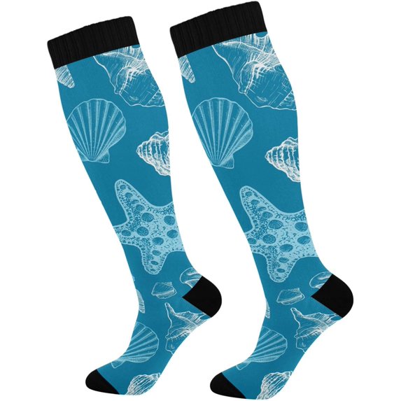High Elasticity Compression Socks, High Knee Socks Adult Universal Leisure Relieve Fatigue, Seashells 6 Travel Daily with Running (2 Pair) Gift