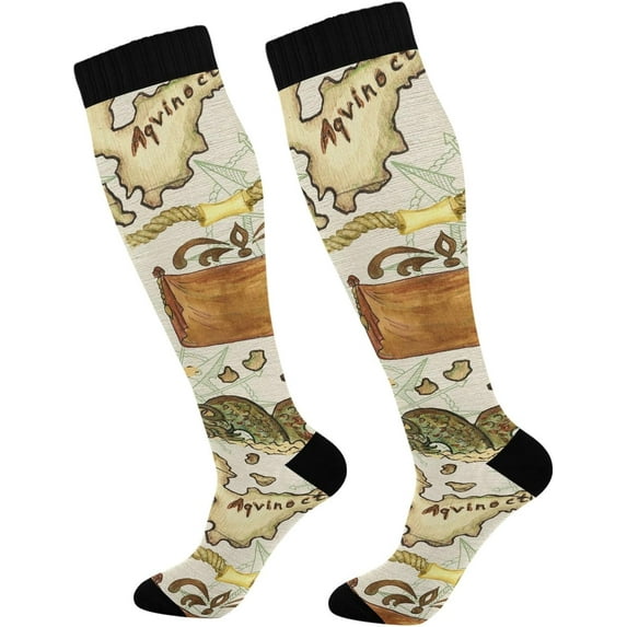 High Elasticity Compression Socks, High Knee Socks Adult Universal Leisure Relieve Fatigue, Map Of Treasure Island Travel Daily with Running (1 Pair) Gift