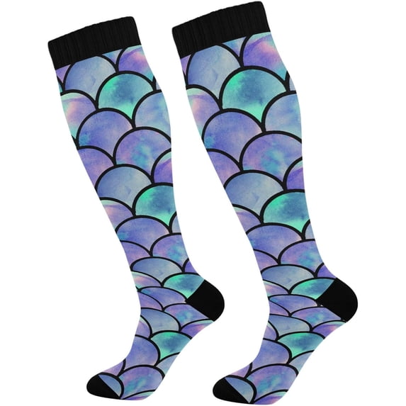 High Elasticity Compression Socks, High Knee Socks Adult Universal Leisure Relieve Fatigue, Rainbow Scales Mermaid Travel Daily with Running (1 Pair) Gift