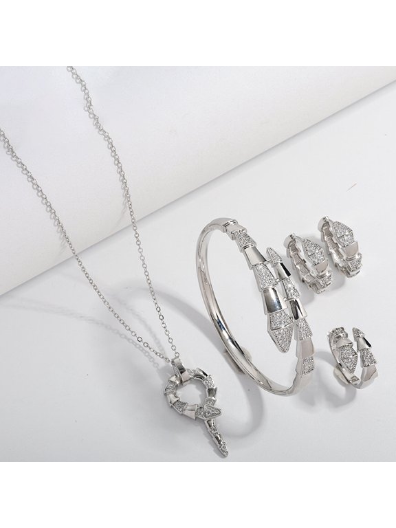 High-End 4-Piece Snake-Inspired Cubic Zirconia Jewelry Set, Elegant Necklace & Accessories, Luxury Gift for Women, Sophisticated Party Wear