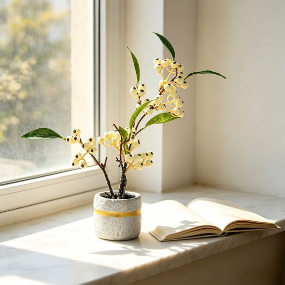 High-End Artificial Fruit Bonsai, No-Watering Faux Plants with Bright Fruit & Green Leaves, for Indoor Home Decor or Wedding Centerpiece, 14.17x3.15x3.15in