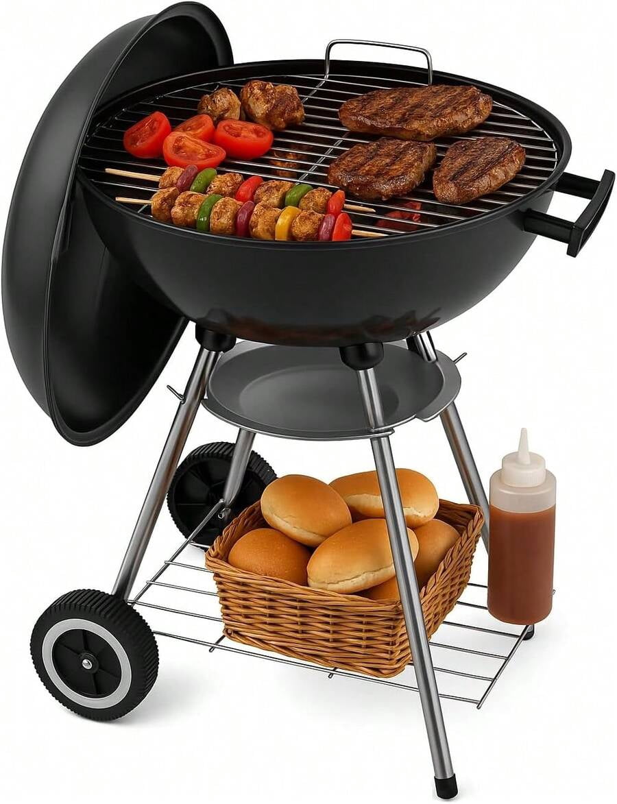 High-End Charcoal Barbecue Grill With Lid Round Portable Grill Large Capacity For Home/Camping/Party Multi-Function Barbecue Grill Sausage/Kebab/Steak Universal With Wheels Mobile Convenient Model