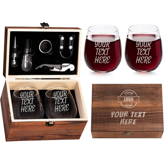 High-End Customizable Wine Gift Set - 2 Shatter-Resistant Stemless Glasses, Practical Wine Accessories & Sturdy Wooden Box, Personalized with Custom Text/Logo, 9x5.5x5.4 Inches, Ideal for Wine Lovers