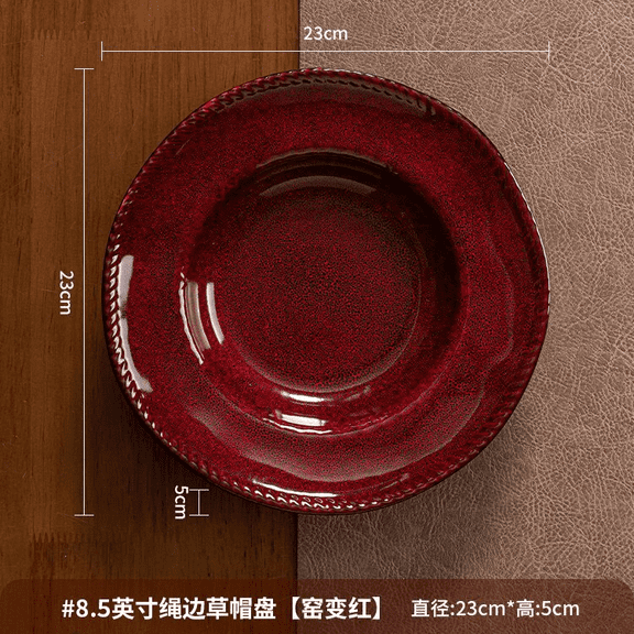 High-End Kiln Red 9.1 in / 23 cm Ceramic Dinner Plate, Hat-Shaped Soup Serving Dish with Deep 2.0 in / 5 cm Design, Retro Glazed Tableware for Restaurant & Home Celebration Dining