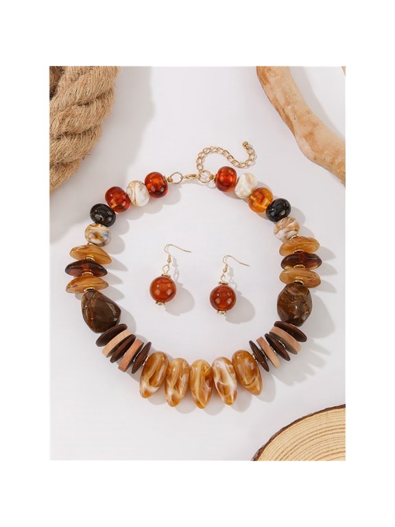 High-End Resin Necklace Earrings Set Holiday Party Fashion Accessory Valentine's Day Gift Boho Style Colorblock Pattern Metal Chain bridal jewelry factory price jewelry
