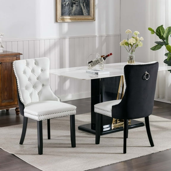 High-End Upholstered Dining Chairs Set of 2, Modern Tufted Solid Wood Side Chair with Nailhead Trim - White+Black