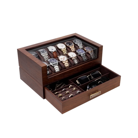 High End Watch Box for Men, 12 Slot Wooden Watch Case With Drawer, Watch Display Box with Acryli Lid, 2-Layer Watch Holder for Jewelry and Watch Storage for Men Women , Ideal for Gift (With Gift Box)