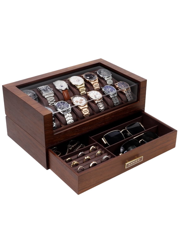 High End Watch Box for Men, 12 Slot Wooden Watch Case With Drawer, Watch Display Box with Acryli Lid, 2-Layer Watch Holder for Jewelry and Watch Storage for Men Women , Ideal for Gift (With Gift Box)