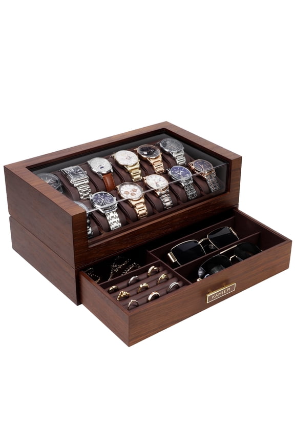 High End Watch Box for Men, 12 Slot Wooden Watch Case With Drawer, Watch Display Box with Acryli Lid, 2-Layer Watch Holder for Jewelry and Watch Storage for Men Women , Ideal for Gift (With Gift Box)
