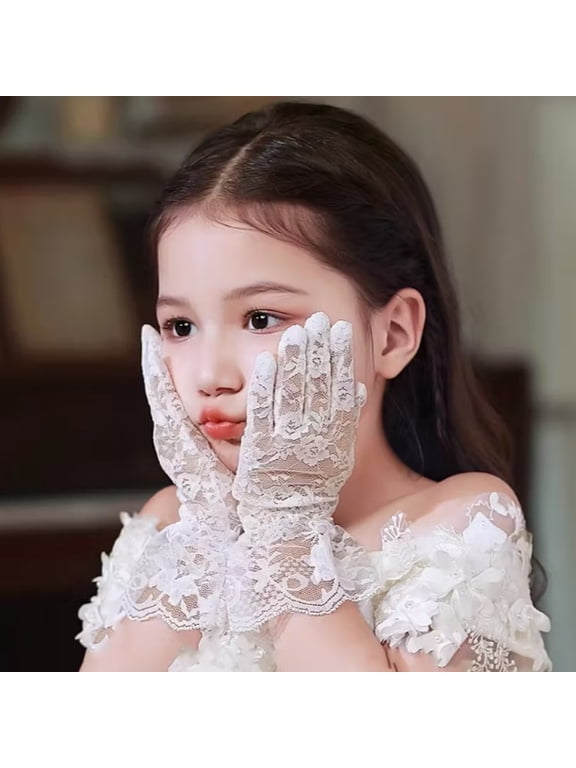 High-End White Lace Wedding Gloves for Girls - Elegant Bow Design for Special Occasions