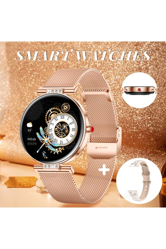 High-End Women's Smart Watch, Rose Gold, Dual Straps, 1.19" AMOLED Touch Screen, USB Charging, Answer & Dial Calls, Compatible with iOS Android