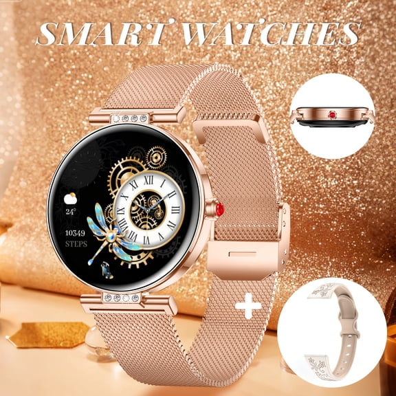 High-End Women's Smart Watch, Rose Gold, Dual Straps, 1.19" AMOLED Touch Screen, USB Charging, Answer & Dial Calls, Compatible with iOS Android