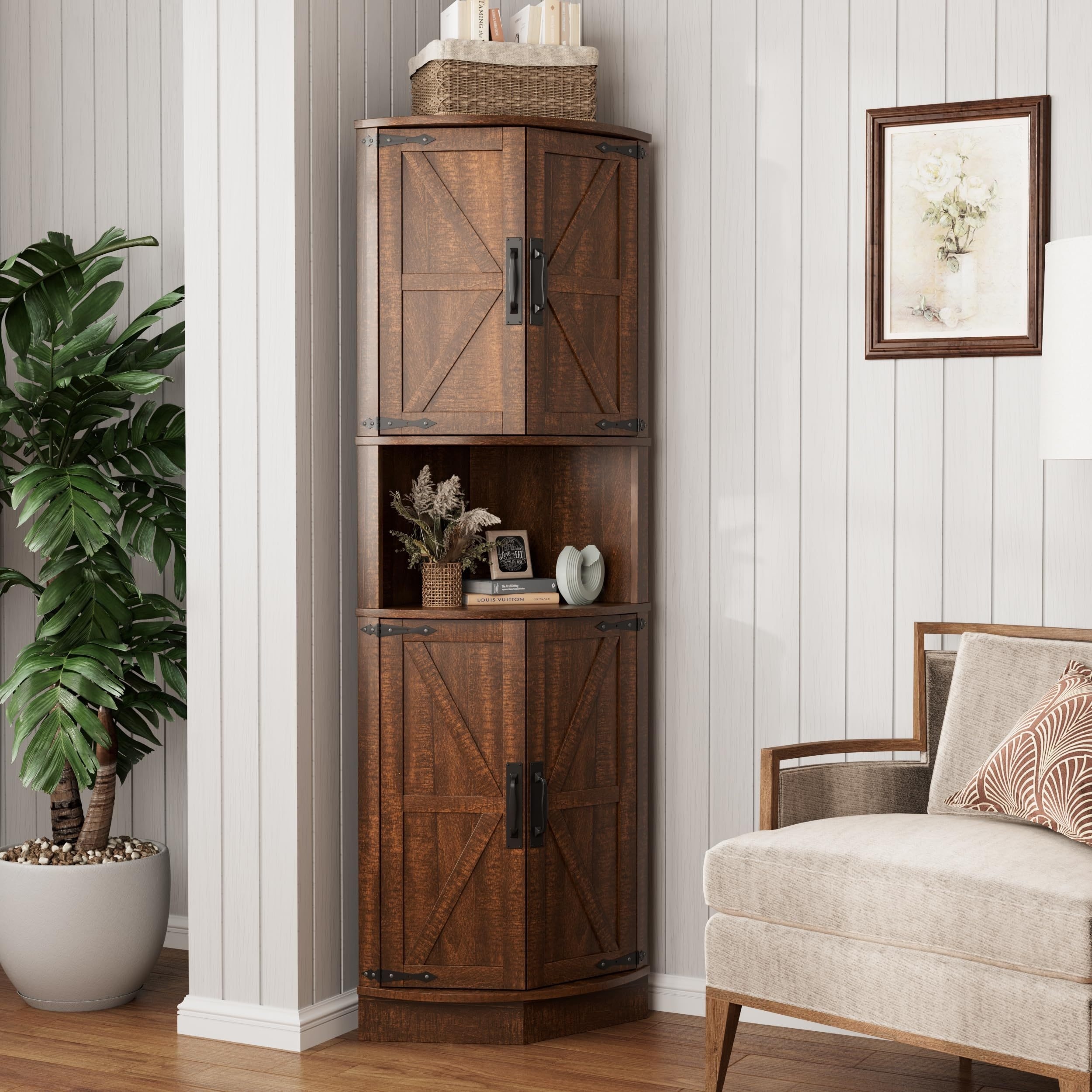 High Farmhouse Corner Cabinet with 4 Doors And 5 Storage Racks. The ...